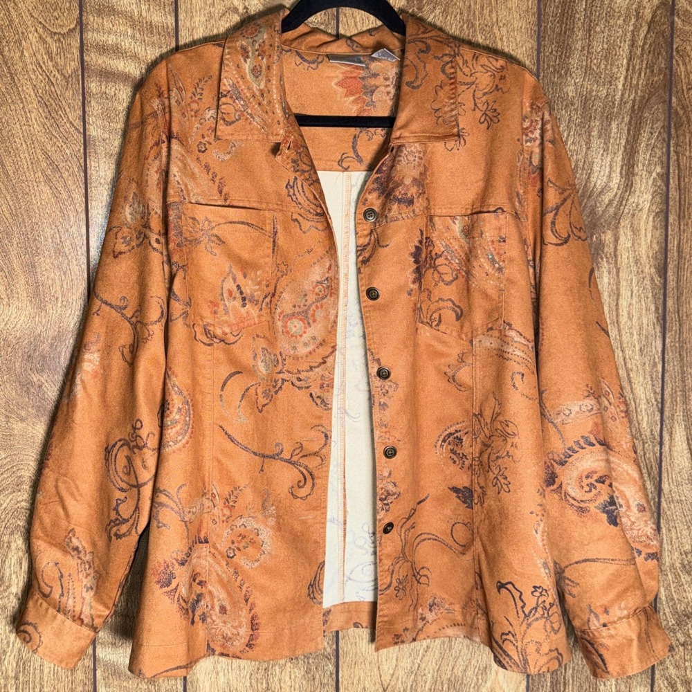 Chicos Faux Suede Paisley Print Button Down Shirt Terracotta Orange Size 3 XL